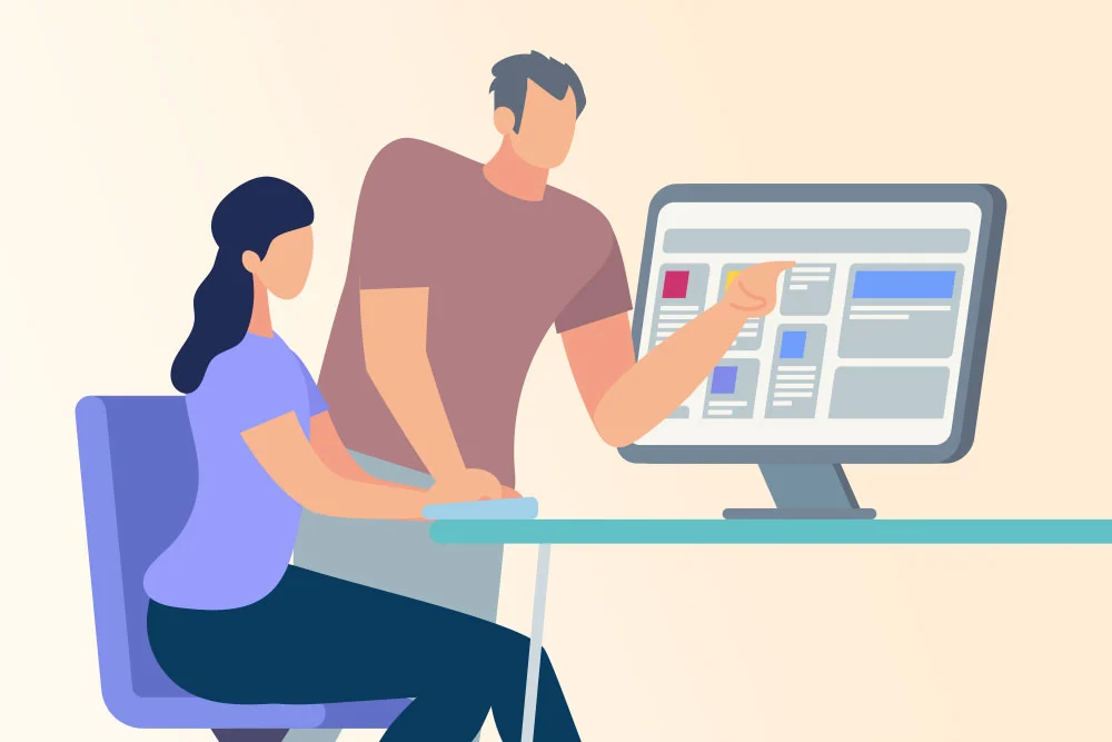 illustration of a male worker teaching a female worker on a computer, Career development featured image from WSG