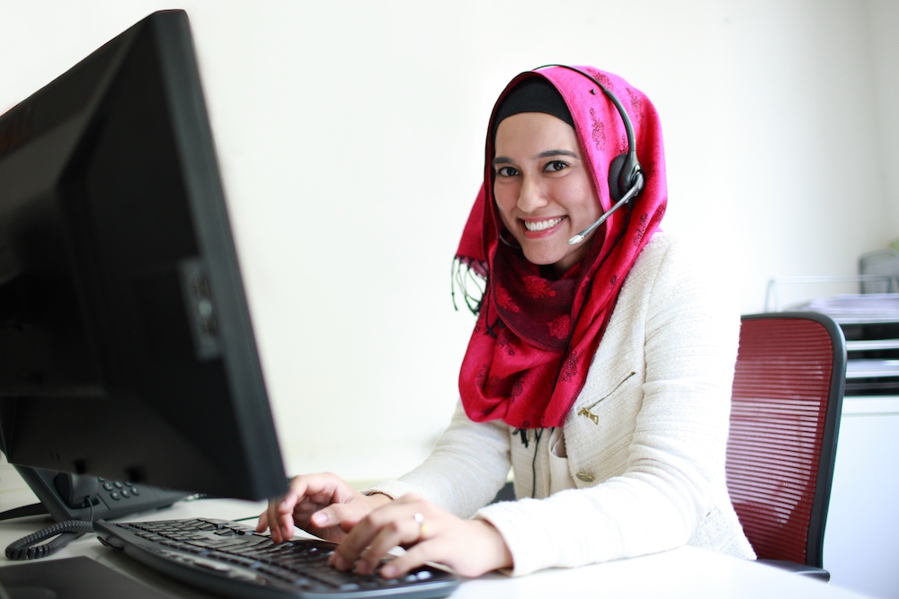 Woman having a call online