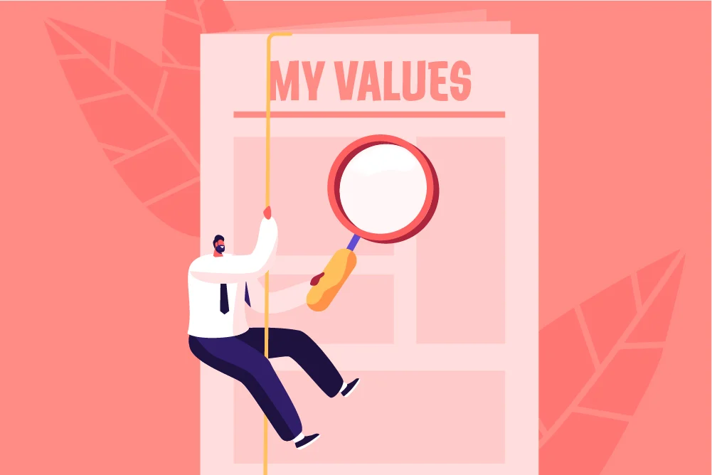 Illustrated image of a man hanging on down on a rope, using a magnifying glass to find his values, identifying your values