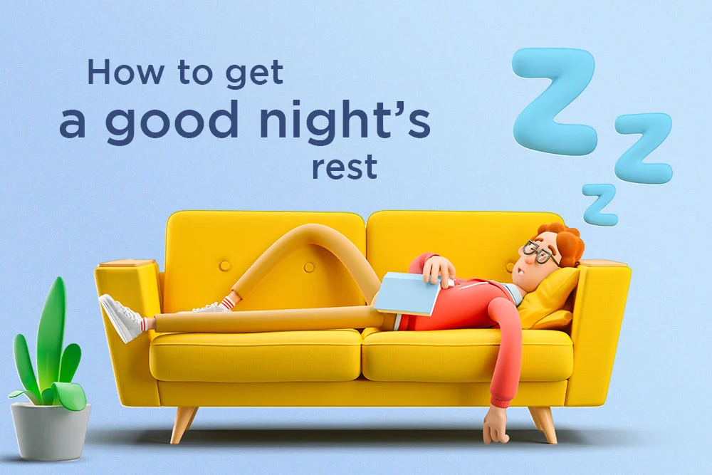 illustration of someone sleeping on a couch - How to get a good night's rest