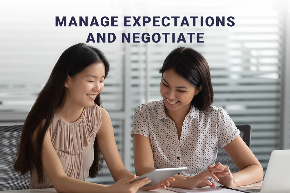 manage expectations and negotiate, Employee dealing with workload stress at office, two woman discussing about work