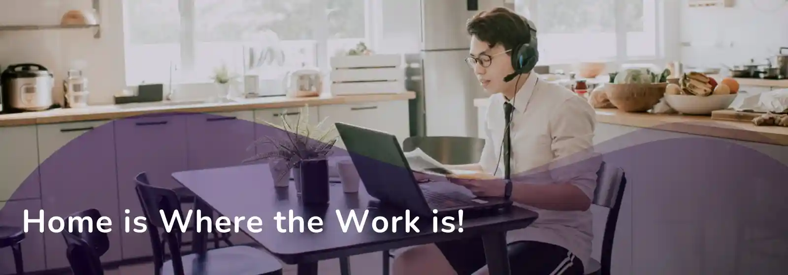 Sub banner - Home is where the work is - a man doing a virtual meeting at home wearing smart business top but in shorts, promoting family-friendly workplace culture