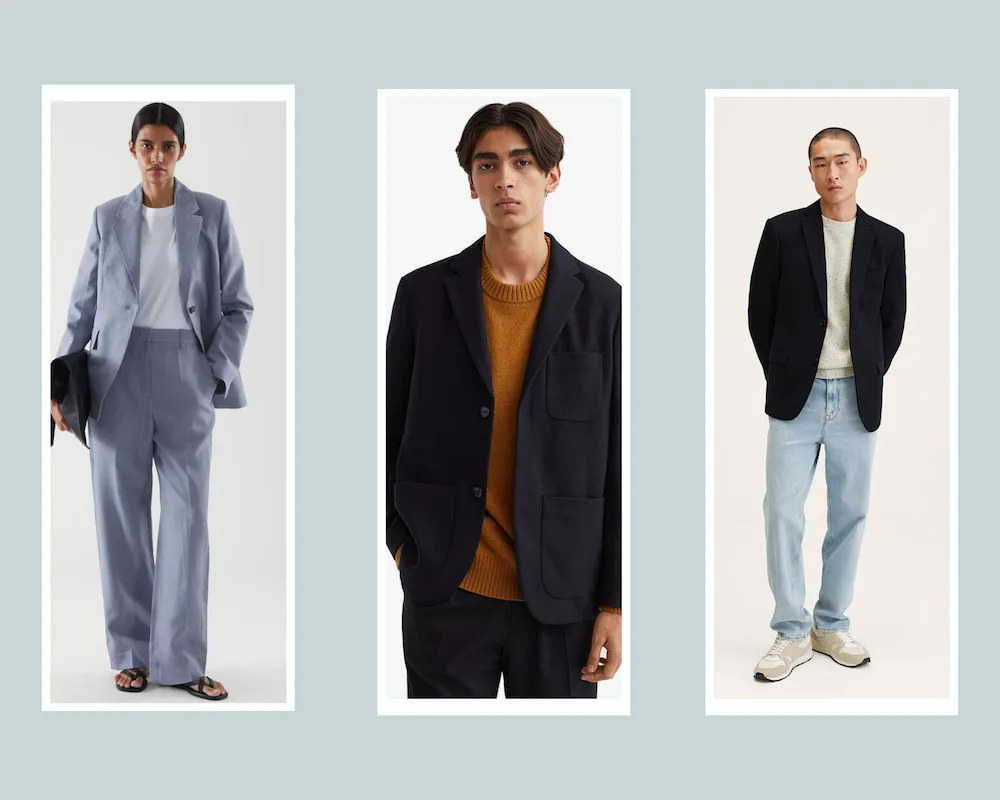 A collage of professionals wearing a blazer over their work outfits, Color block layout used as content divider design