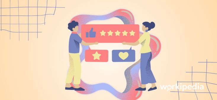 graphics of two people sharing feedback through thumbs up, star, and heart icons.