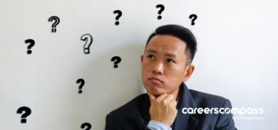 male executive with question marks in the background