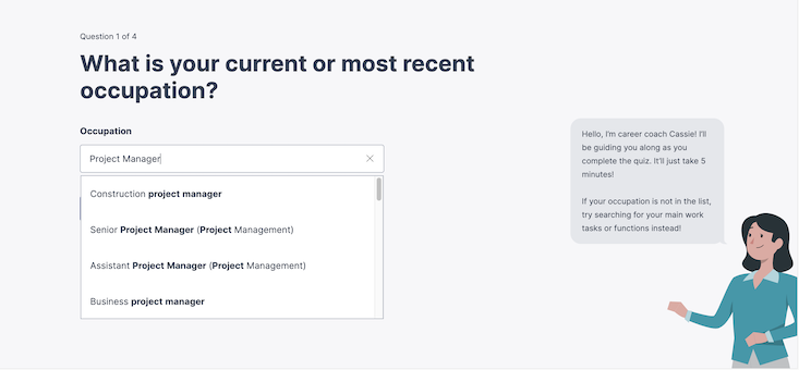screenshot of a quiz on careersfinder, a feature on mycareersfuture