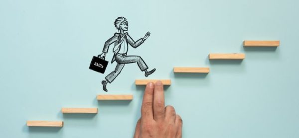 cartoon drawing of a man running up a flight of stairs