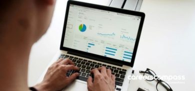 Employee analysing data on laptop