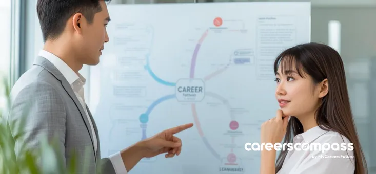 Asian man and woman thinking and discussing about whether to specialise or diversify their skills based on their career path mindmap