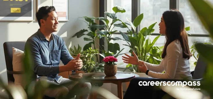 Asian man receiving career coaching from Asian woman about career health