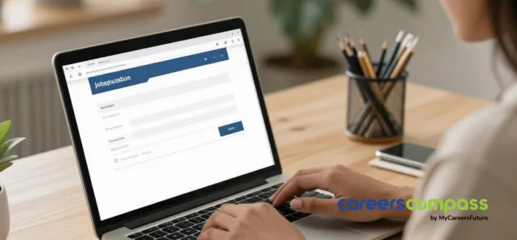 Asian woman typing out job application email on laptop in her home office