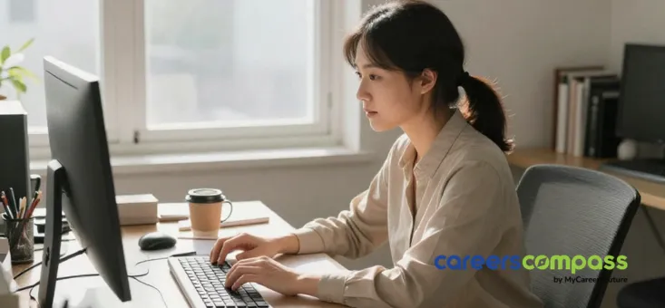Asian woman working on PC at her desk in a brightly lit home office setup