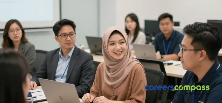 Chinese and Malay employees discussing job redesign in office