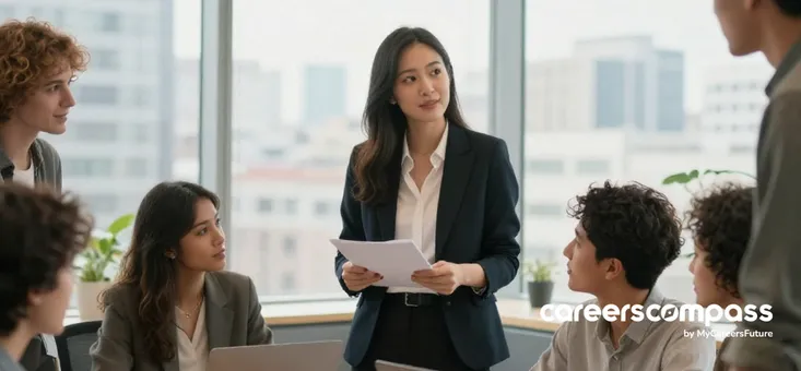 Female Asian boss checking in with multi-racial team in office
