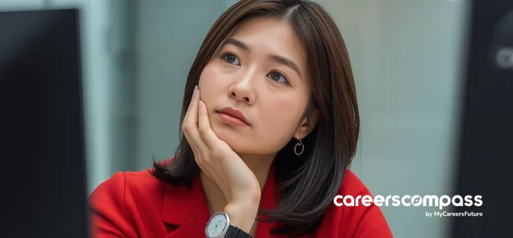Female asian leader at work with a thinking expression on her face in the office