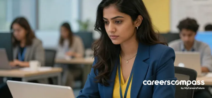 Indian female employee working on laptop in a busy office in business casual wear