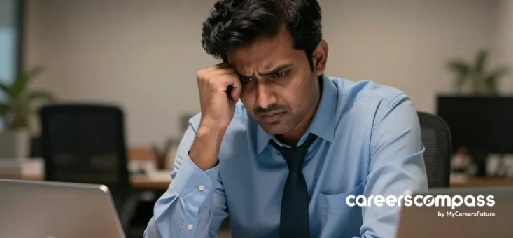 Troubled looking Indian employer frowning at the office desk