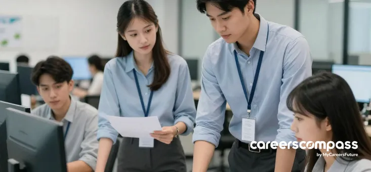 Young Asian man and woman engineers leading their team in office going over workplans