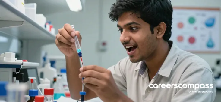 Young Indian fresh graduate doing lab work happily in science laboratory