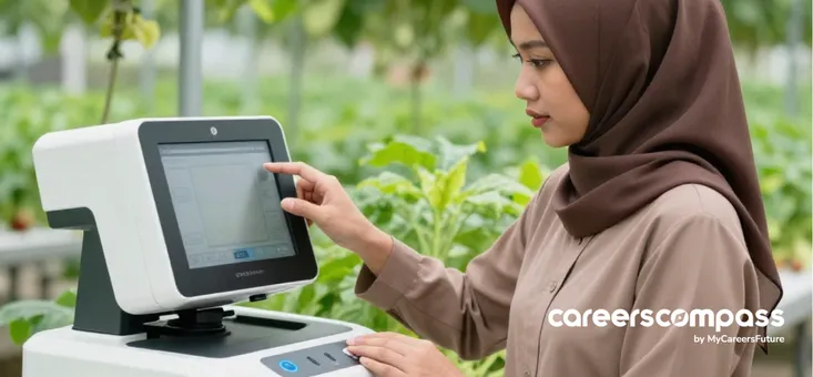 Young Malay worker in tudung monitoring agri-tech machine in agriculture farm