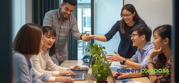 Asian employees in SME office in Singapore doing a team bonding activity