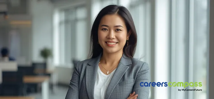Asian Chinese woman wearing grey business suit and smiling