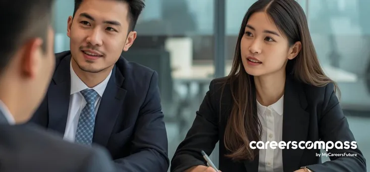 Asian man and Asian woman wearing business suits negotiating across the table