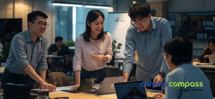 Asian men and women working in a start-up environment having a discussion