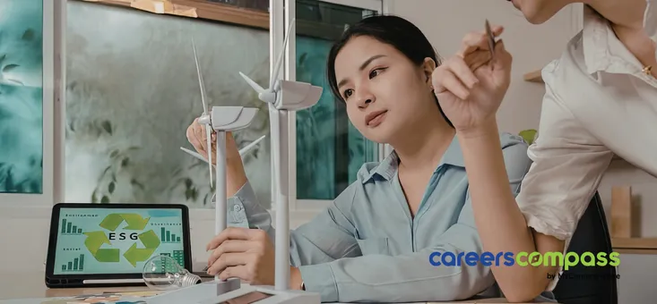 Asian women researching green technology using ESG, the Environmental, Social, and Governance framework