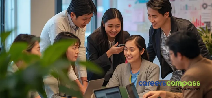 Asian employees working in a tech start up having a group discussion together