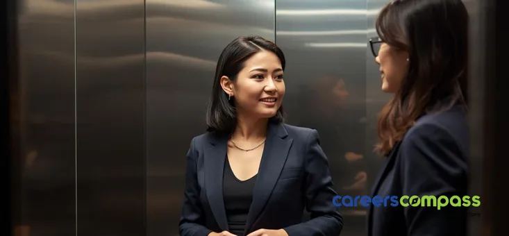 Female employee wearing black business suit making elevator pitch to female boss in the elevator