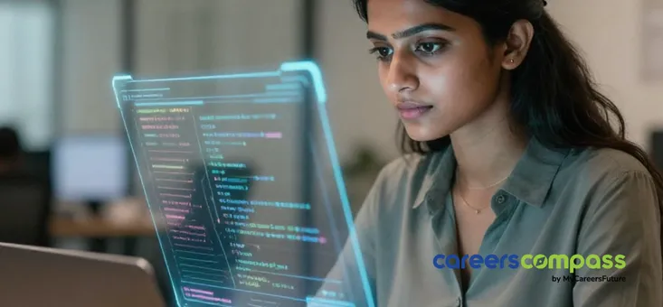 Indian woman working with AI technology in office